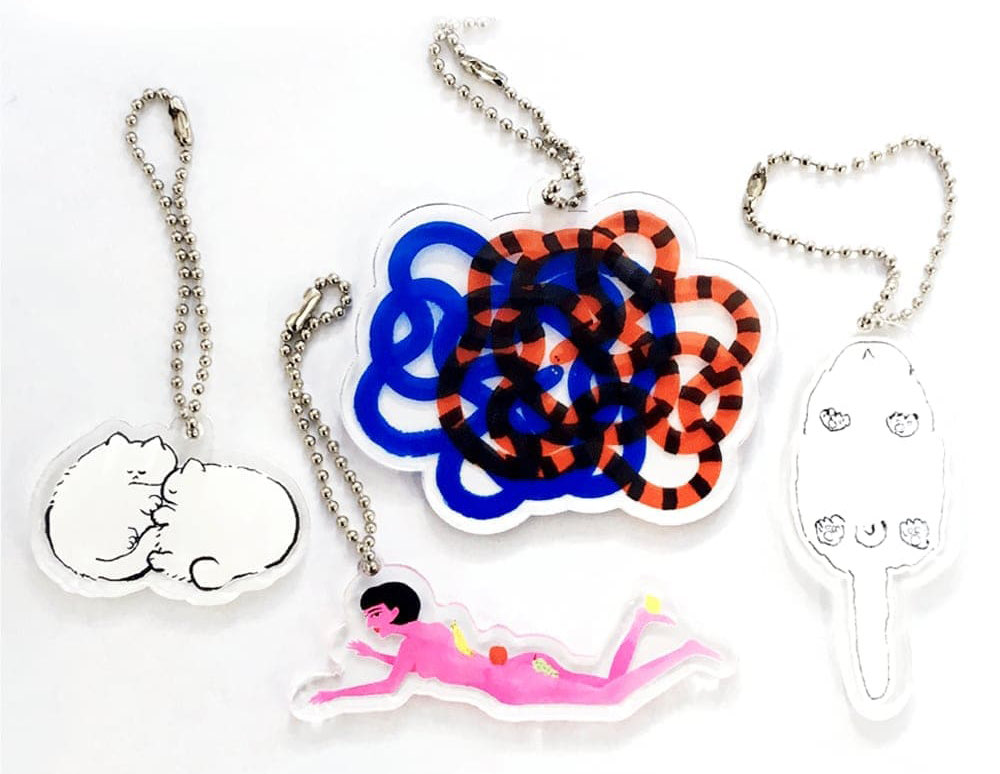 Five acrylic keyrings on ball chains