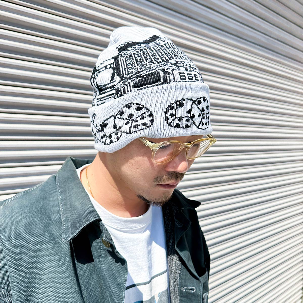 オリジナル編み総柄ダブルカフビーニー (品番CPKN-004)