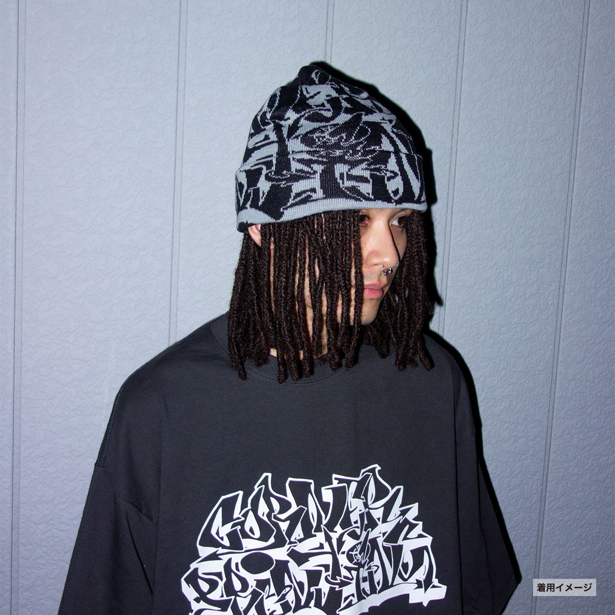 オリジナル編み総柄ダブルカフビーニー (品番CPKN-004)